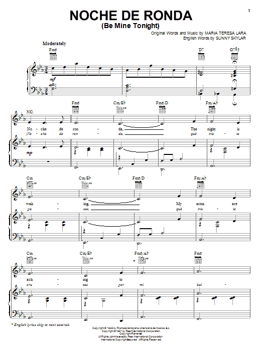 Learn to play Maria Teresa Lara Noche De Ronda (Be Mine Tonight) sheet music for Real Book – Melody & Chords in minutes. Maria Teresa Lara Noche De Ronda (Be Mine Tonight) sheet music preview music notes and score for Real Book – Melody & Chords including 2 page(s)