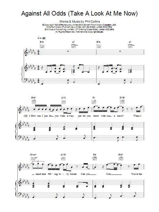 Download Mariah Carey and Westlife Against All Odds (Take A Look At Me Now) sheet music notes and chords for Piano, Vocal & Guitar - Download Printable PDF and start playing in minutes.