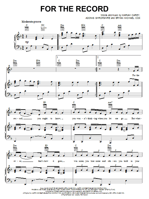 Mariah Carey For The Record sheet music, chords, lyrics - Printable PDF for Piano, Vocal & Guitar (Right-Hand Melody)