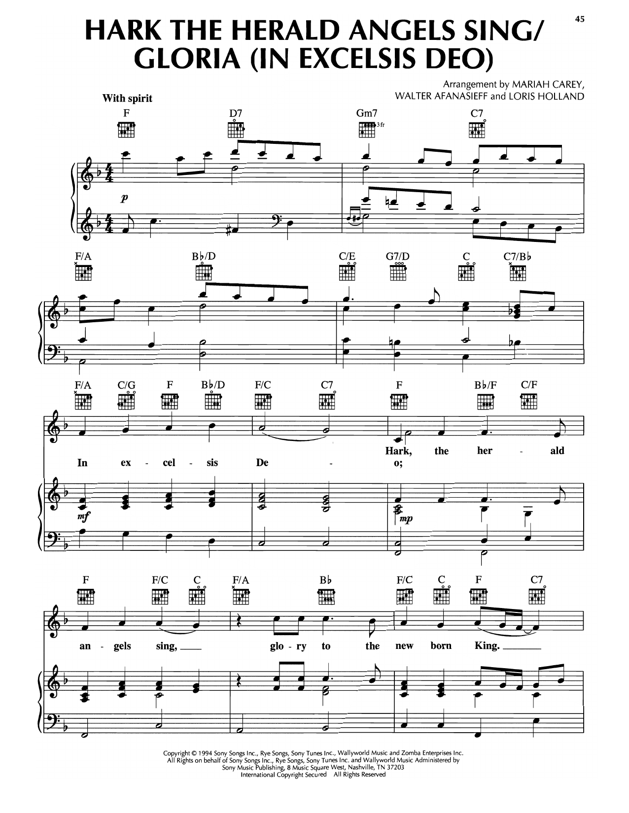 Mariah Carey Hark The Herald Angels Sing/Gloria (In Excelsis Deo) sheet music, chords, lyrics - Printable PDF for Piano, Vocal & Guitar Chords (Right-Hand Melody)