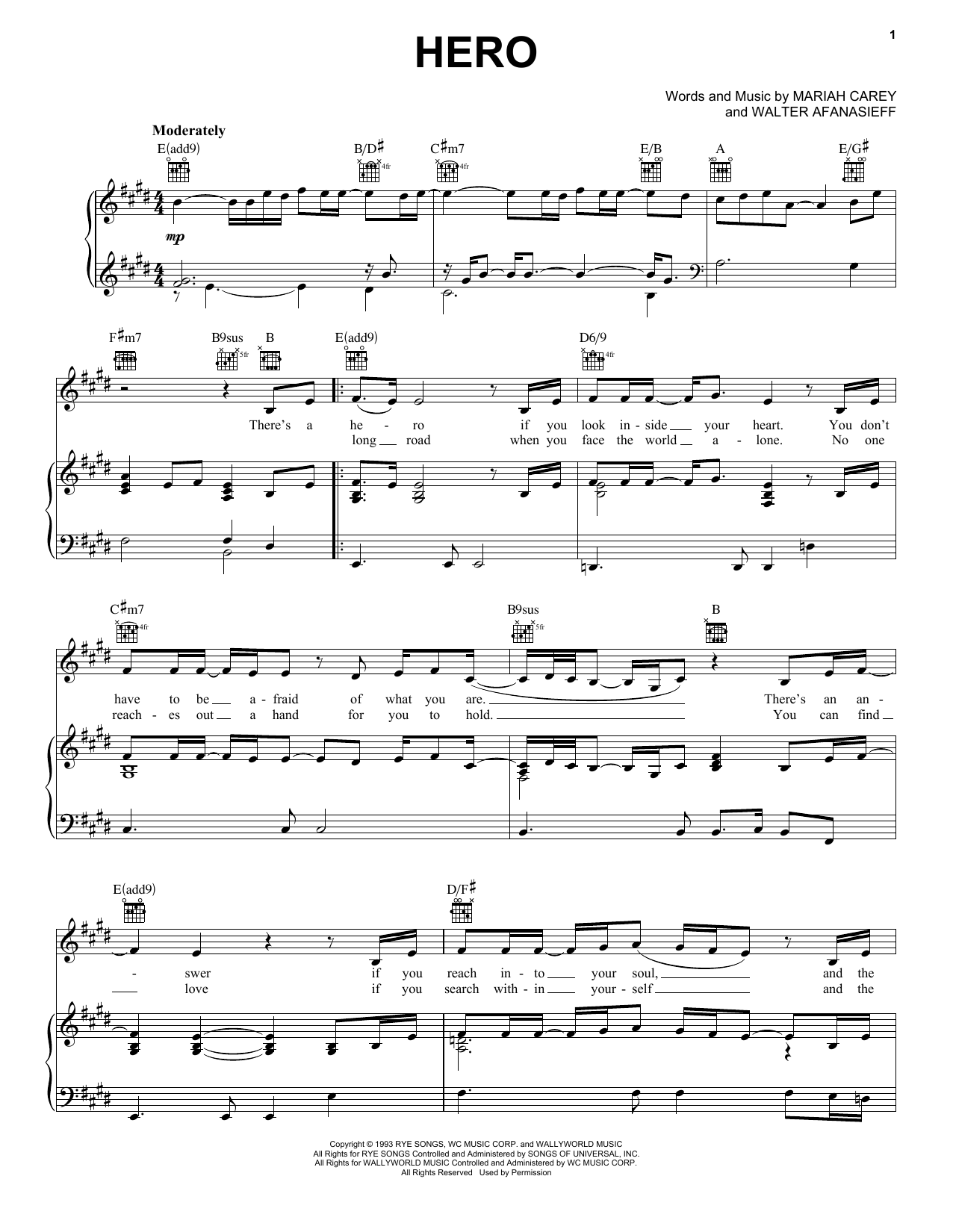 Download Mariah Carey Hero sheet music notes and chords for Piano, Vocal & Guitar (Right-Hand Melody) - Download Printable PDF and start playing in minutes.