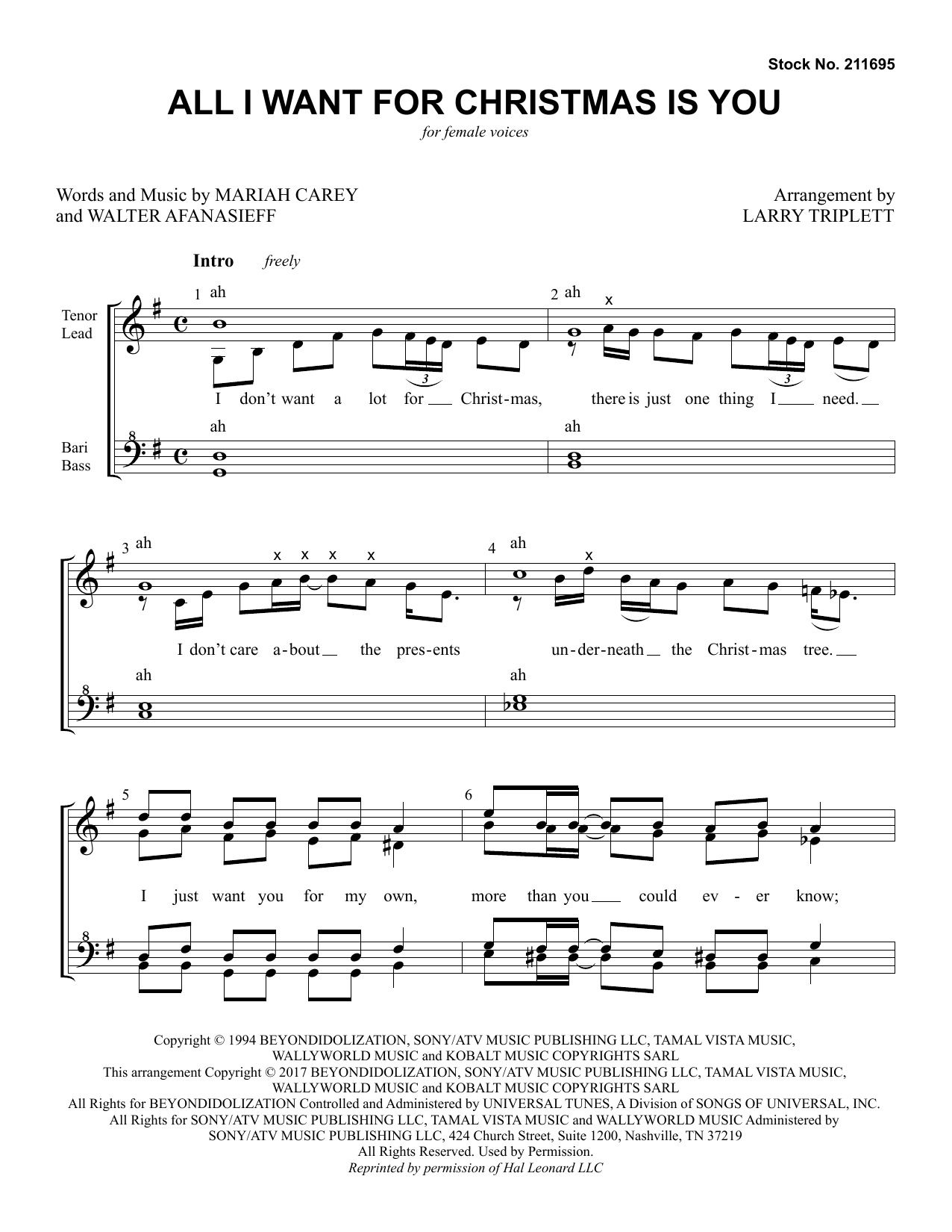 Learn to play Mariah Carey All I Want For Christmas Is You (arr. Larry Triplett) sheet music for TTBB Choir in minutes. Mariah Carey All I Want For Christmas Is You (arr. Larry Triplett) sheet music preview music notes and score for TTBB Choir including 10 page(s)