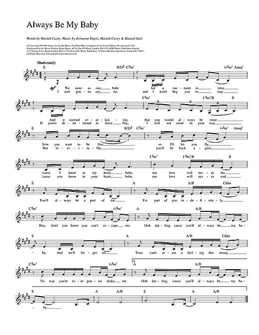 Mariah Carey Always Be My Baby sheet music preview music notes and score for Piano, Vocal & Guitar (Right-Hand Melody) including 5 page(s)