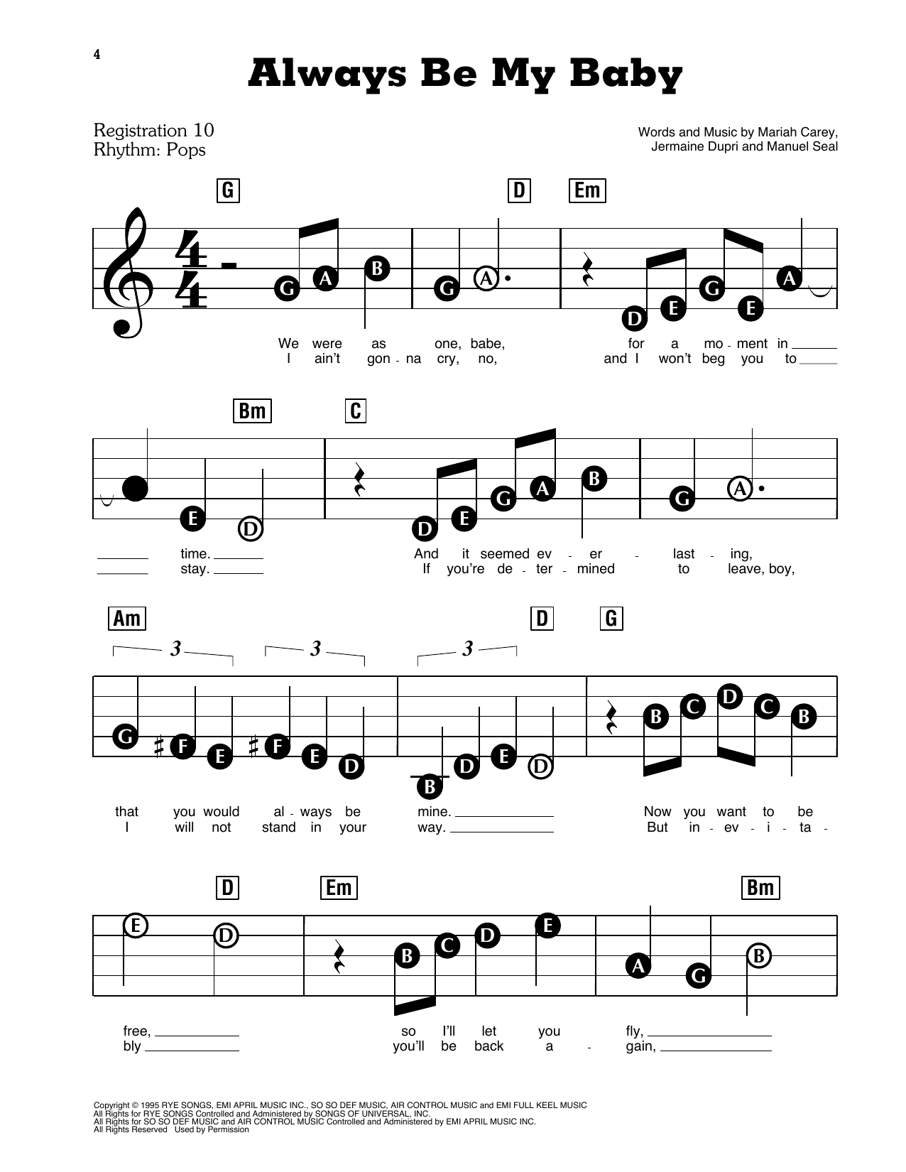 Learn to play Mariah Carey Always Be My Baby sheet music for E-Z Play Today in minutes. Mariah Carey Always Be My Baby sheet music preview music notes and score for E-Z Play Today including 4 page(s)