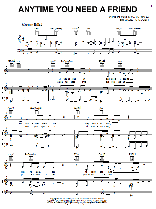 Learn to play Mariah Carey Anytime You Need A Friend sheet music for Piano, Vocal & Guitar (Right-Hand Melody) in minutes. Mariah Carey Anytime You Need A Friend sheet music notes and chords