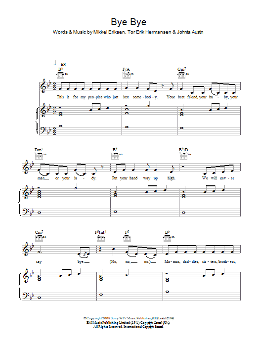 Learn to play Mariah Carey Bye Bye sheet music for Piano, Vocal & Guitar (Right-Hand Melody) in minutes. Mariah Carey Bye Bye sheet music preview music notes and score for Piano, Vocal & Guitar (Right-Hand Melody) including 9 page(s)