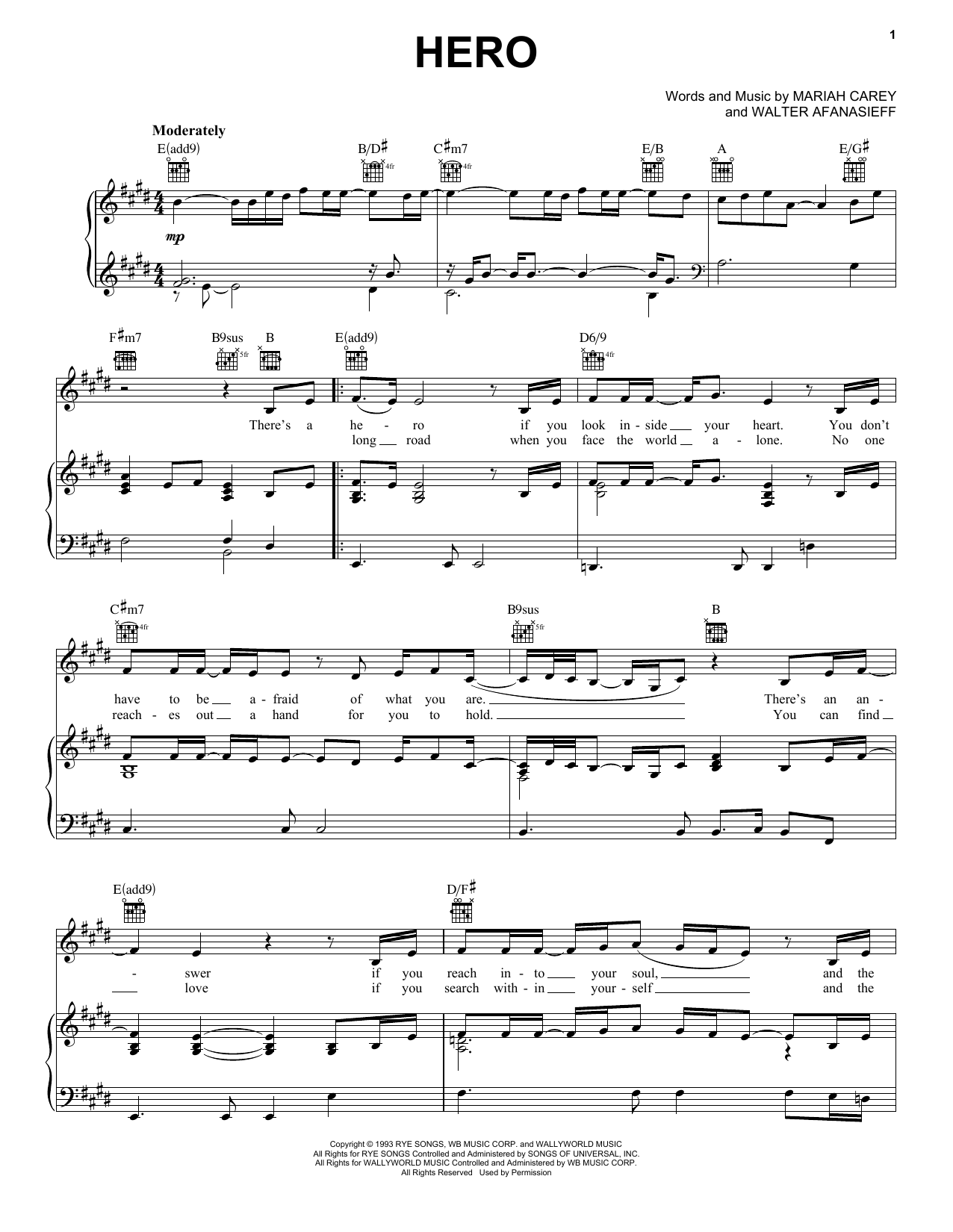 Learn to play Mariah Carey Hero sheet music for Piano, Vocal & Guitar (Right-Hand Melody) in minutes. Mariah Carey Hero sheet music notes and chords