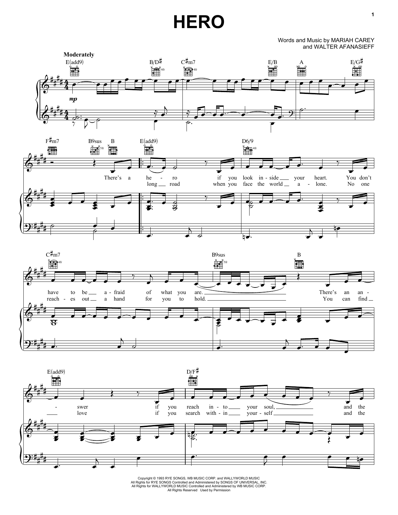 Mariah Carey Hero sheet music preview music notes and score for Piano, Vocal & Guitar (Right-Hand Melody) including 4 page(s)