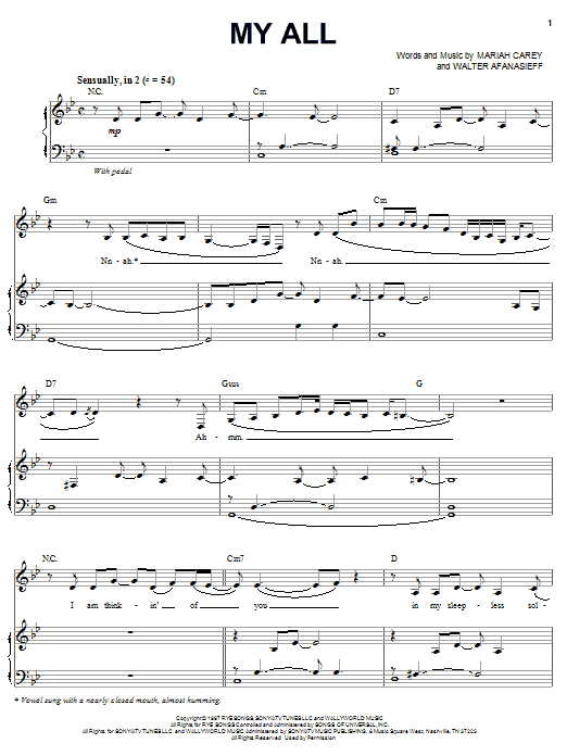 Learn to play Mariah Carey My All sheet music for Piano, Vocal & Guitar (Right-Hand Melody) in minutes. Mariah Carey My All sheet music preview music notes and score for Piano, Vocal & Guitar (Right-Hand Melody) including 5 page(s)