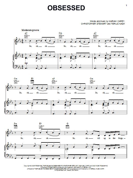 Learn to play Mariah Carey Obsessed sheet music for Piano, Vocal & Guitar (Right-Hand Melody) in minutes. Mariah Carey Obsessed sheet music preview music notes and score for Piano, Vocal & Guitar (Right-Hand Melody) including 6 page(s)