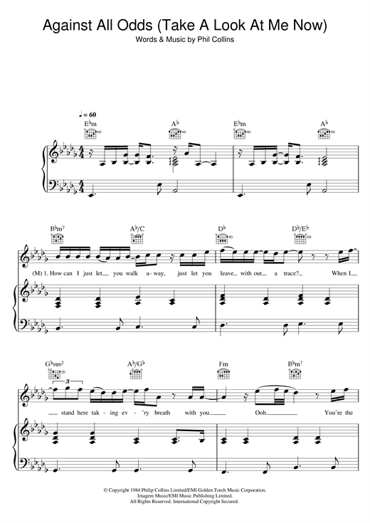 Learn to play Mariah Carey and Westlife Against All Odds (Take A Look At Me Now) sheet music for Piano, Vocal & Guitar in minutes. Mariah Carey and Westlife Against All Odds (Take A Look At Me Now) sheet music notes and chords