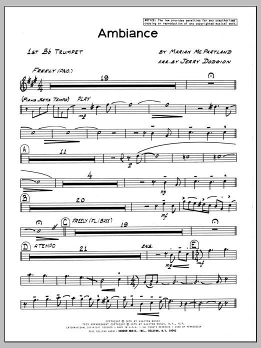 Learn to play Marian McPartland Ambiance - 1st Bb Trumpet sheet music for Jazz Ensemble in minutes. Marian McPartland Ambiance - 1st Bb Trumpet sheet music preview music notes and score for Jazz Ensemble including 2 page(s)