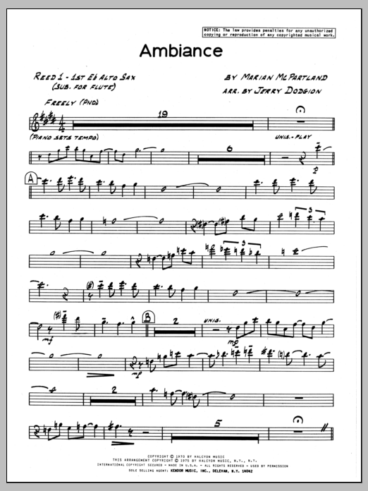 Learn to play Marian McPartland Ambiance - 1st Eb Alto Saxophone sheet music for Jazz Ensemble in minutes. Marian McPartland Ambiance - 1st Eb Alto Saxophone sheet music preview music notes and score for Jazz Ensemble including 3 page(s)