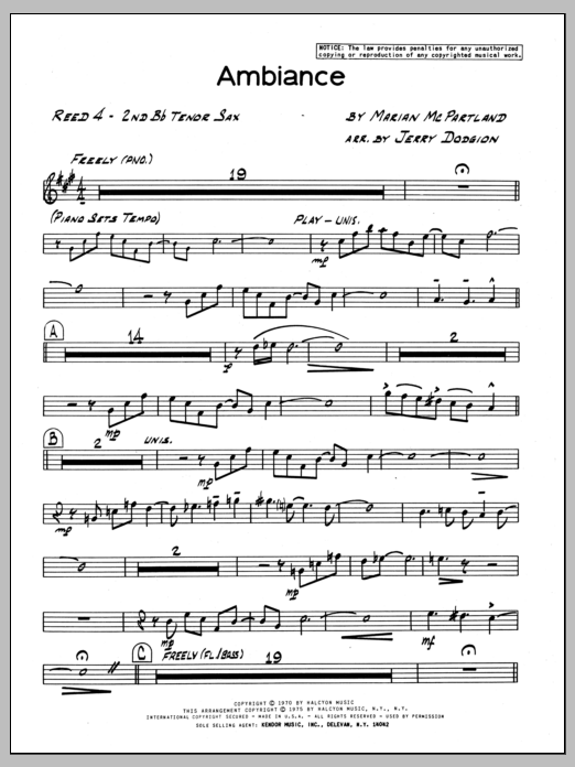Learn to play Marian McPartland Ambiance - 2nd Bb Tenor Saxophone sheet music for Jazz Ensemble in minutes. Marian McPartland Ambiance - 2nd Bb Tenor Saxophone sheet music preview music notes and score for Jazz Ensemble including 2 page(s)