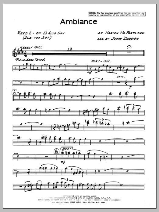 Learn to play Marian McPartland Ambiance - 2nd Eb Alto Saxophone sheet music for Jazz Ensemble in minutes. Marian McPartland Ambiance - 2nd Eb Alto Saxophone sheet music preview music notes and score for Jazz Ensemble including 3 page(s)