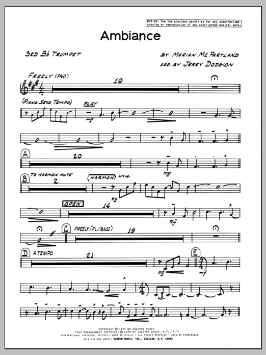 Learn to play Marian McPartland Ambiance - 3rd Bb Trumpet sheet music for Jazz Ensemble in minutes. Marian McPartland Ambiance - 3rd Bb Trumpet sheet music preview music notes and score for Jazz Ensemble including 2 page(s)