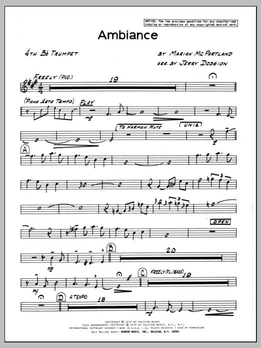 Learn to play Marian McPartland Ambiance - 4th Bb Trumpet sheet music for Jazz Ensemble in minutes. Marian McPartland Ambiance - 4th Bb Trumpet sheet music preview music notes and score for Jazz Ensemble including 2 page(s)