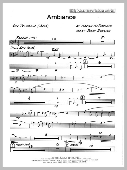 Learn to play Marian McPartland Ambiance - 4th Trombone sheet music for Jazz Ensemble in minutes. Marian McPartland Ambiance - 4th Trombone sheet music preview music notes and score for Jazz Ensemble including 2 page(s)