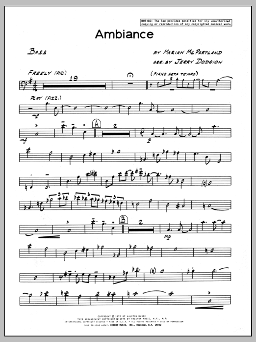 Learn to play Marian McPartland Ambiance - Bass sheet music for Jazz Ensemble in minutes. Marian McPartland Ambiance - Bass sheet music preview music notes and score for Jazz Ensemble including 3 page(s)