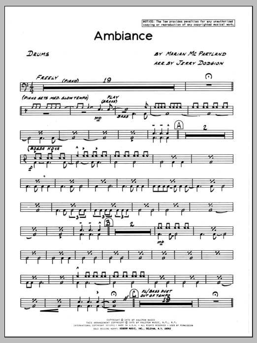 Learn to play Marian McPartland Ambiance - Drums sheet music for Jazz Ensemble in minutes. Marian McPartland Ambiance - Drums sheet music preview music notes and score for Jazz Ensemble including 2 page(s)