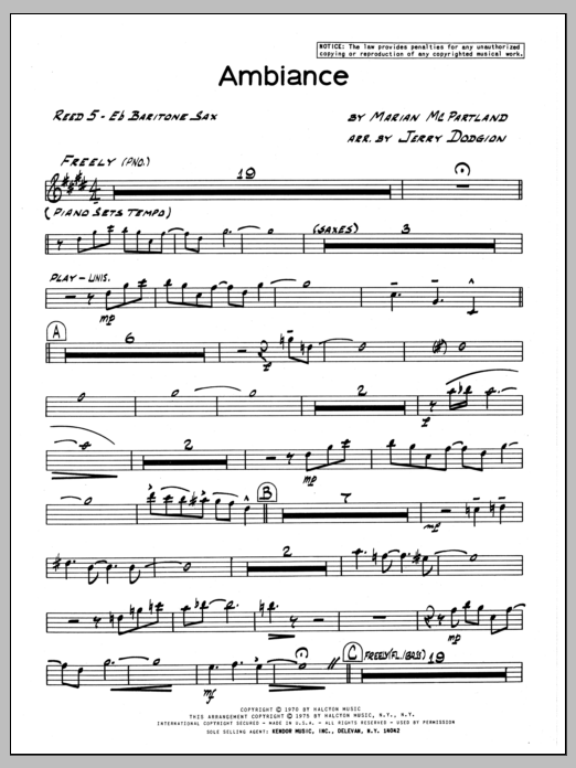 Learn to play Marian McPartland Ambiance - Eb Baritone Sax sheet music for Jazz Ensemble in minutes. Marian McPartland Ambiance - Eb Baritone Sax sheet music preview music notes and score for Jazz Ensemble including 2 page(s)