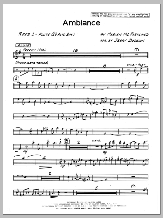 Learn to play Marian McPartland Ambiance - Flute sheet music for Jazz Ensemble in minutes. Marian McPartland Ambiance - Flute sheet music preview music notes and score for Jazz Ensemble including 3 page(s)