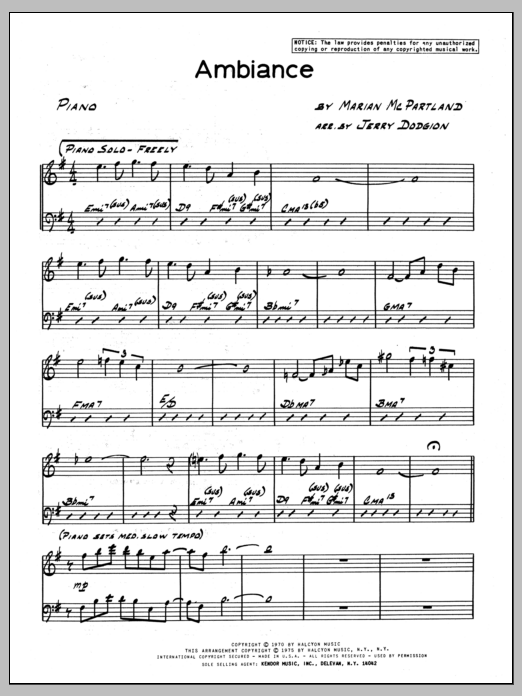 Learn to play Marian McPartland Ambiance - Piano sheet music for Jazz Ensemble in minutes. Marian McPartland Ambiance - Piano sheet music preview music notes and score for Jazz Ensemble including 4 page(s)