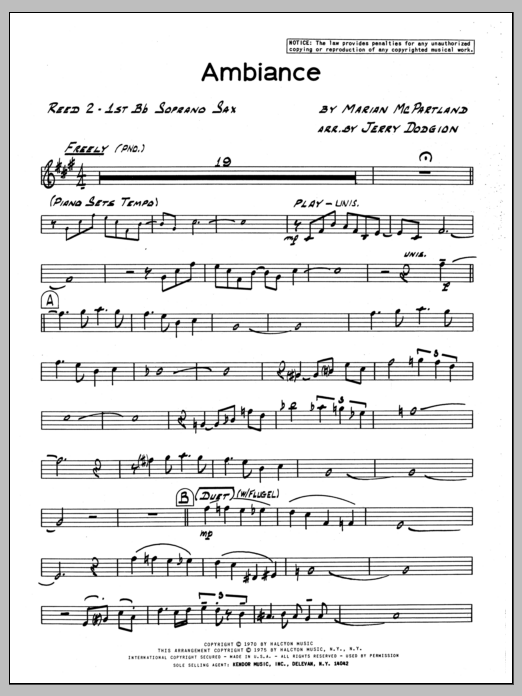 Learn to play Marian McPartland Ambiance - Soprano Sax sheet music for Jazz Ensemble in minutes. Marian McPartland Ambiance - Soprano Sax sheet music preview music notes and score for Jazz Ensemble including 3 page(s)