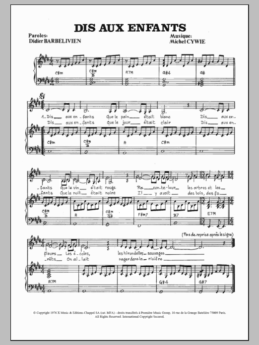 Learn to play Marie-France Roussel Dis Aux Enfants sheet music for Piano & Vocal in minutes. Marie-France Roussel Dis Aux Enfants sheet music preview music notes and score for Piano & Vocal including 3 page(s)