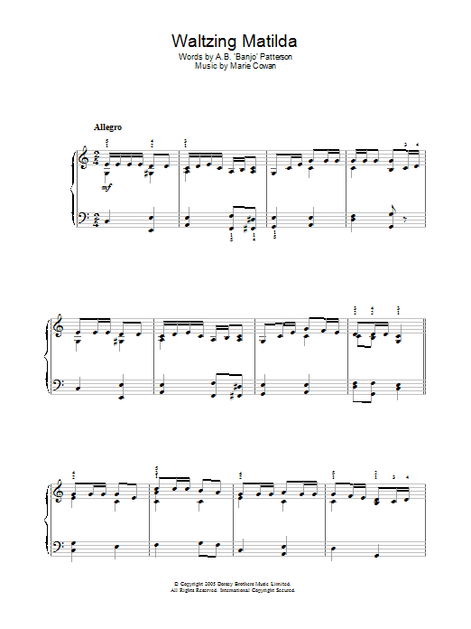Learn to play Marie Cowan Waltzing Matilda sheet music for Beginner Piano in minutes. Marie Cowan Waltzing Matilda sheet music preview music notes and score for Beginner Piano including 2 page(s)