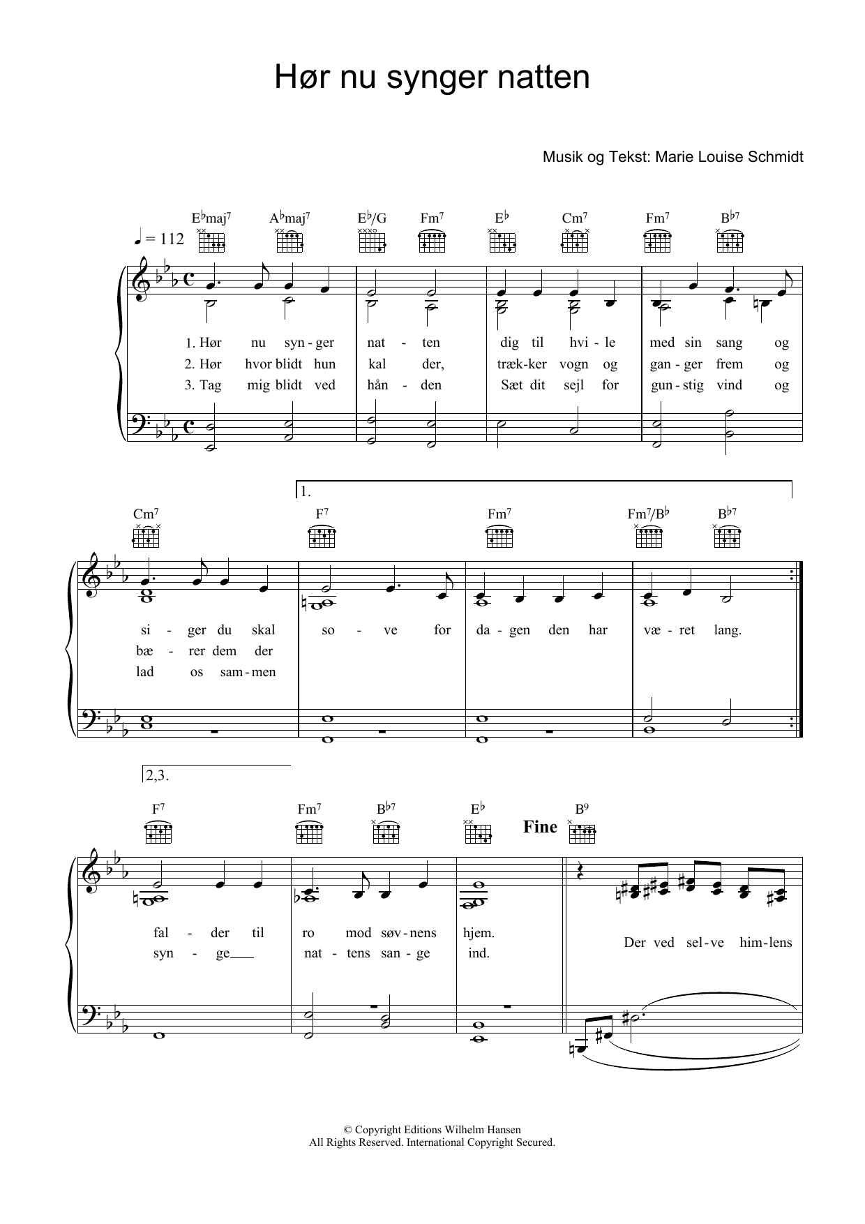 Marie Louise Schmidt Hør Nu Synger Natten sheet music preview music notes and score for Piano, Vocal & Guitar (Right-Hand Melody) including 2 page(s)