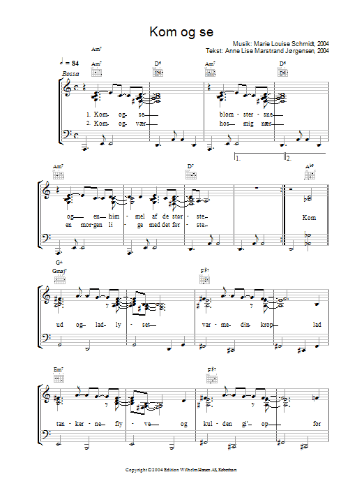 Learn to play Marie Louise Schmidt Kom Og Se sheet music for Piano, Vocal & Guitar (Right-Hand Melody) in minutes. Marie Louise Schmidt Kom Og Se sheet music preview music notes and score for Piano, Vocal & Guitar (Right-Hand Melody) including 2 page(s)