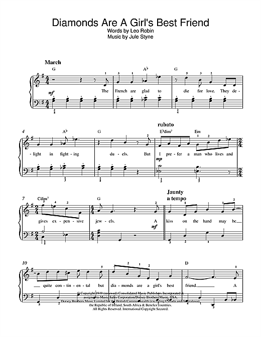 Learn to play Marilyn Monroe Diamonds Are A Girl's Best Friend sheet music for Beginner Piano in minutes. Marilyn Monroe Diamonds Are A Girl's Best Friend sheet music notes and chords