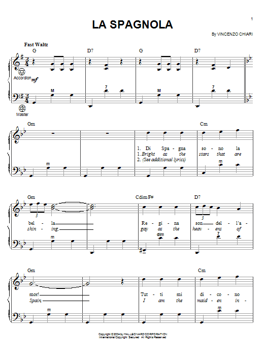 Learn to play Mario Lanza La Spagnola sheet music for Accordion in minutes. Mario Lanza La Spagnola sheet music preview music notes and score for Accordion including 5 page(s)