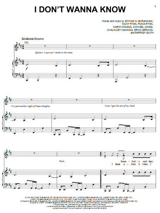 Learn to play Mario Winans I Don't Wanna Know (feat. Enya & P. Diddy) sheet music for Piano, Vocal & Guitar (Right-Hand Melody) in minutes. Mario Winans I Don't Wanna Know (feat. Enya & P. Diddy) sheet music preview music notes and score for Piano, Vocal & Guitar (Right-Hand Melody) including 6 page(s)