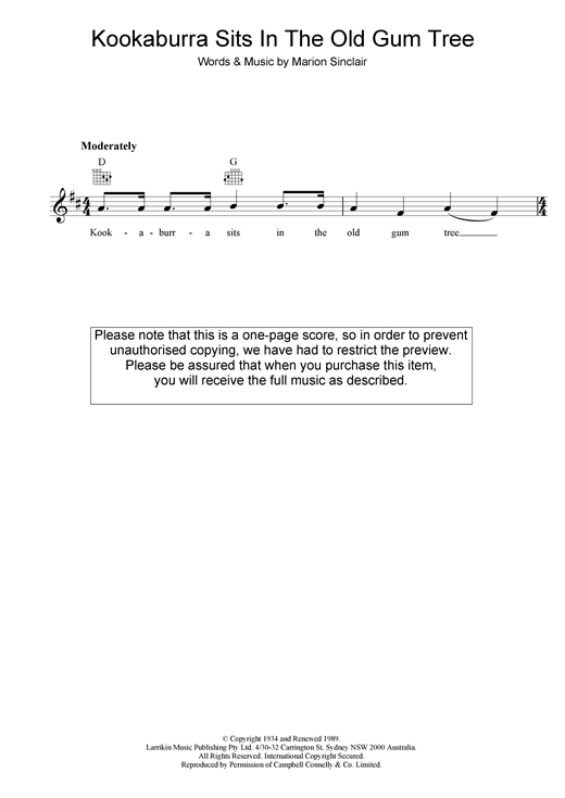 Learn to play Marion Sinclair Kookaburra Sits In The Old Gum Tree sheet music for Melody Line, Lyrics & Chords in minutes. Marion Sinclair Kookaburra Sits In The Old Gum Tree sheet music preview music notes and score for Melody Line, Lyrics & Chords including 2 page(s)