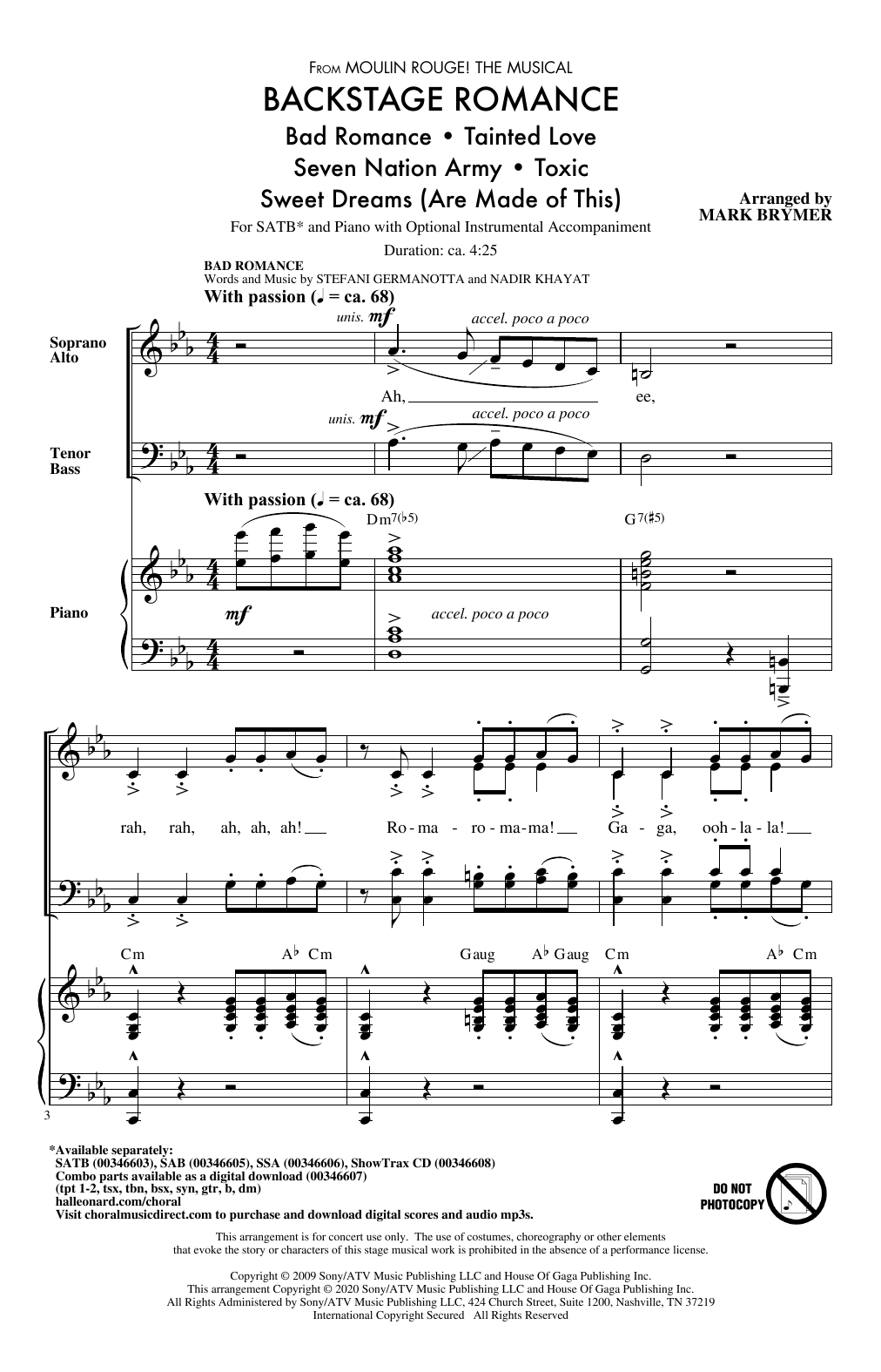 Mark Brymer Backstage Romance (from Moulin Rouge! The Musical) sheet music, chords, lyrics - Printable PDF for SAB Choir