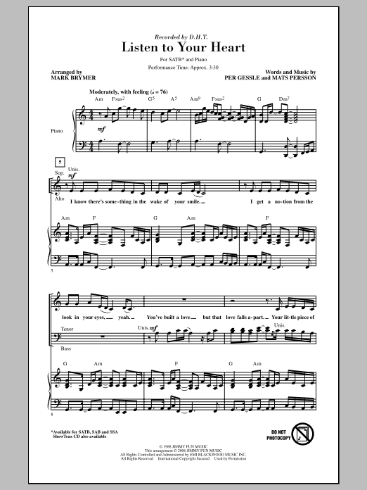 D.H.T. Listen To Your Heart (arr. Mark Brymer) sheet music, chords, lyrics - Printable PDF for SATB