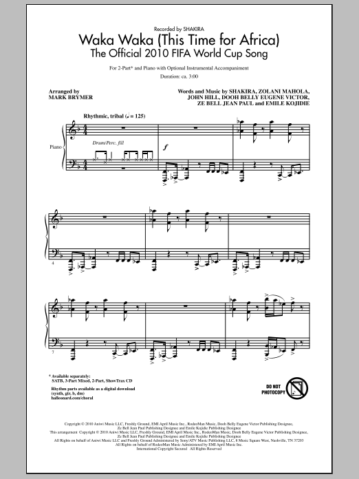 Mark Brymer Waka Waka (This Time For Africa) - The Official 2010 FIFA World Cup Song sheet music, chords, lyrics - Printable PDF for 2-Part Choir