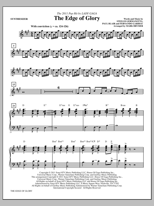 Mark Brymer The Edge Of Glory - Synthesizer sheet music, chords, lyrics - Printable PDF for Choir Instrumental Pak