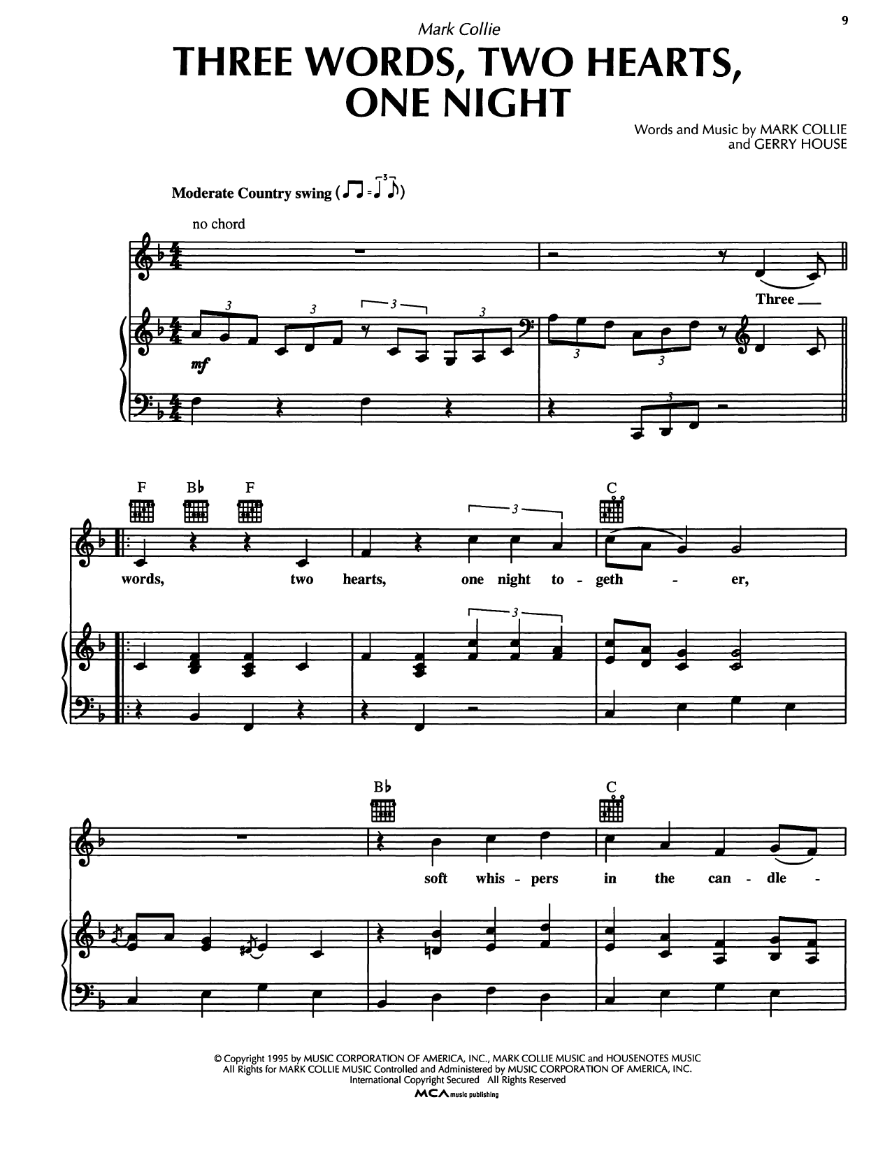 Mark Collie Three Words, Two Hearts, One Night sheet music, chords, lyrics - Printable PDF for Piano, Vocal & Guitar Chords (Right-Hand Melody)