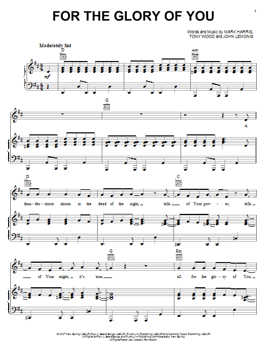 Mark Harris For The Glory Of You sheet music, chords, lyrics - Printable PDF for Piano, Vocal & Guitar (Right-Hand Melody)
