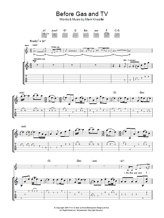 Mark Knopfler Before Gas & TV sheet music, chords, lyrics - Printable PDF for Guitar Tab