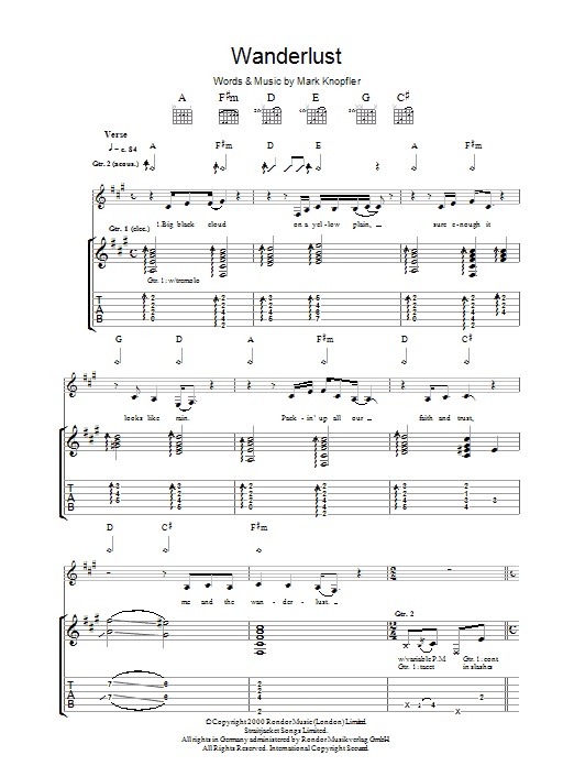 Download Mark Knopfler The Wanderlust sheet music notes and chords for Guitar Tab - Download Printable PDF and start playing in minutes.