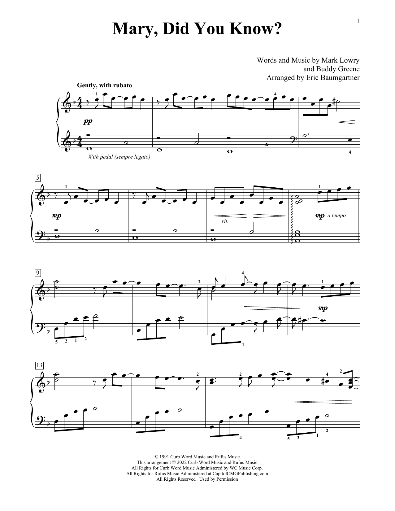 Mark Lowry Mary, Did You Know? (arr. Eric Baumgartner) sheet music, chords, lyrics - Printable PDF for Educational Piano