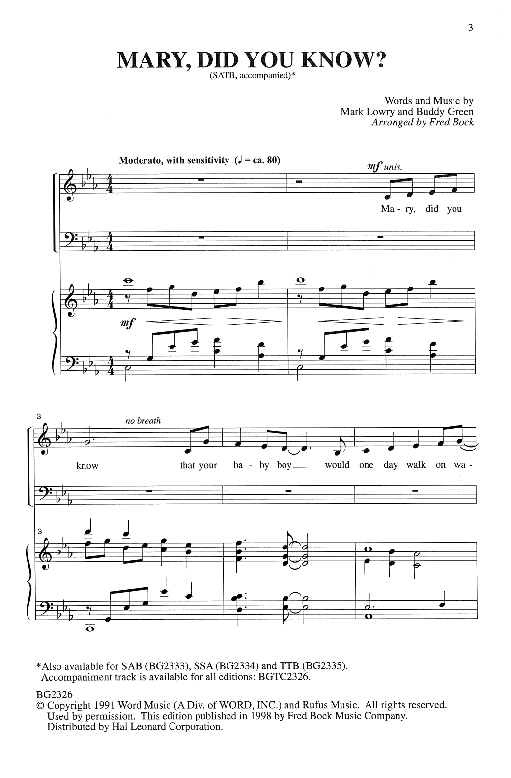 Mark Lowry Mary, Did You Know? (arr. Fred Bock) sheet music, chords, lyrics - Printable PDF for SATB Choir