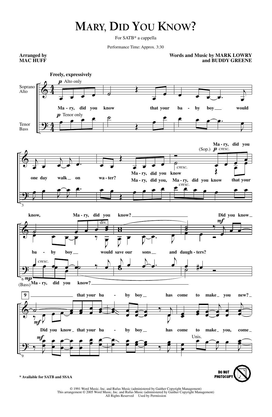 Mac Huff Mary, Did You Know? sheet music, chords, lyrics - Printable PDF for SSA