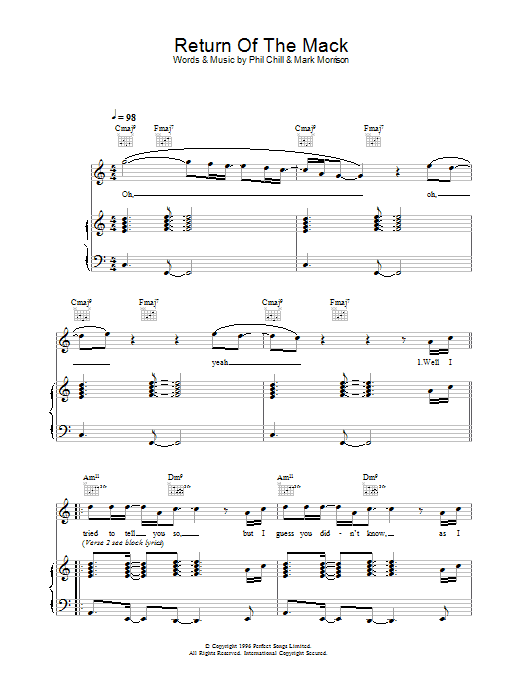 Mark Morrison Return Of The Mack sheet music, chords, lyrics - Printable PDF for Piano, Vocal & Guitar