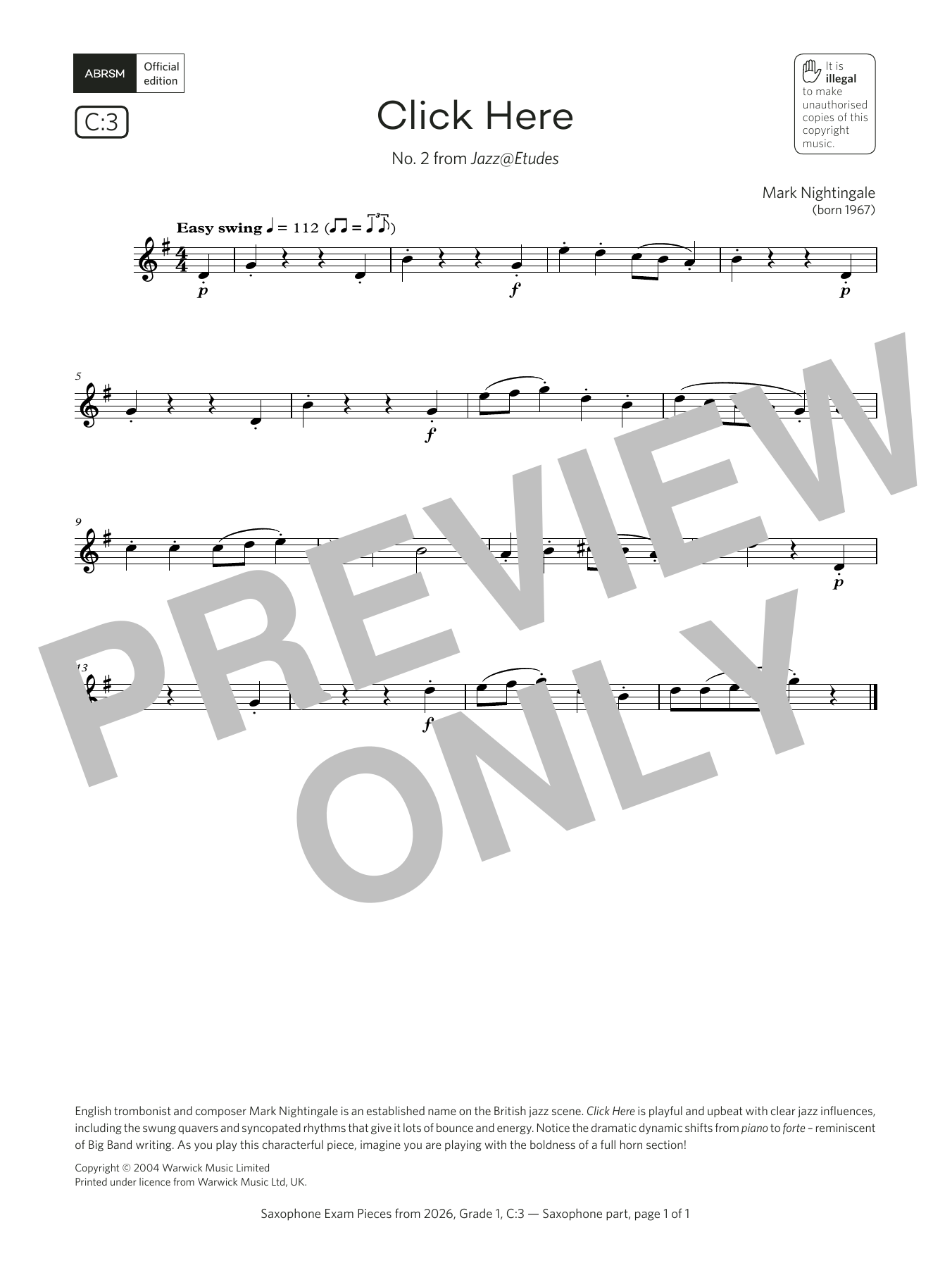 Mark Nightingale Click Here (Grade 1, list C3, from the ABRSM Saxophone Syllabus from 2026) sheet music, chords, lyrics - Printable PDF for Alto Sax Solo