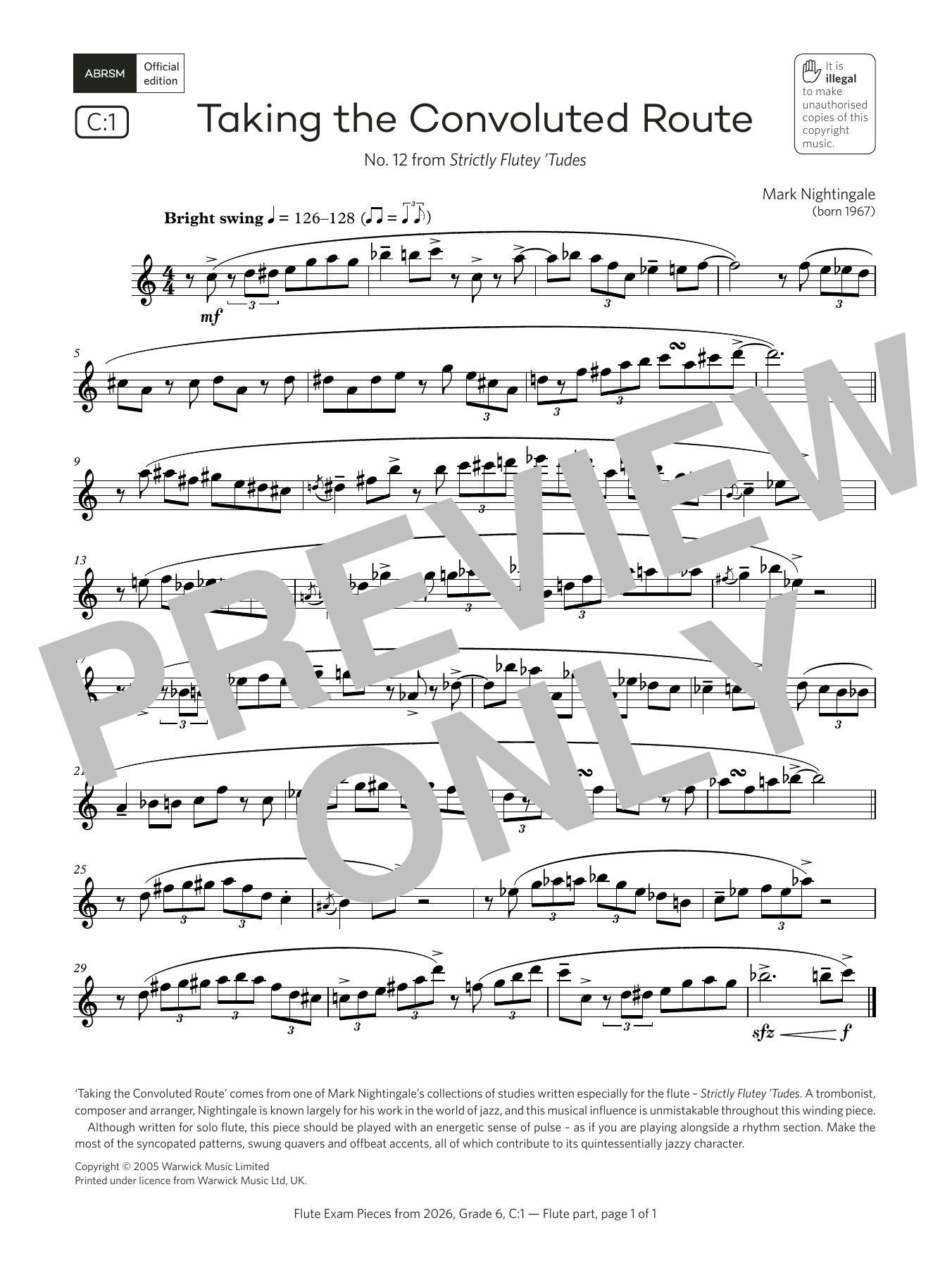 Mark Nightingale Taking the Convoluted Route (Grade 6, list C1, from the ABRSM Flute Syllabus from 2026) sheet music, chords, lyrics - Printable PDF for Flute Solo